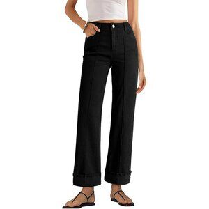 Women's Wide Leg Cuffed High Waisted Stretchy Denim Jeans with Pockets